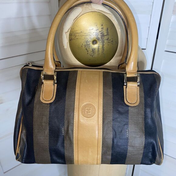 Vintage 80s Fendi Gorgeous Leather Stripe Handbag Purse - Picture 1 of 13